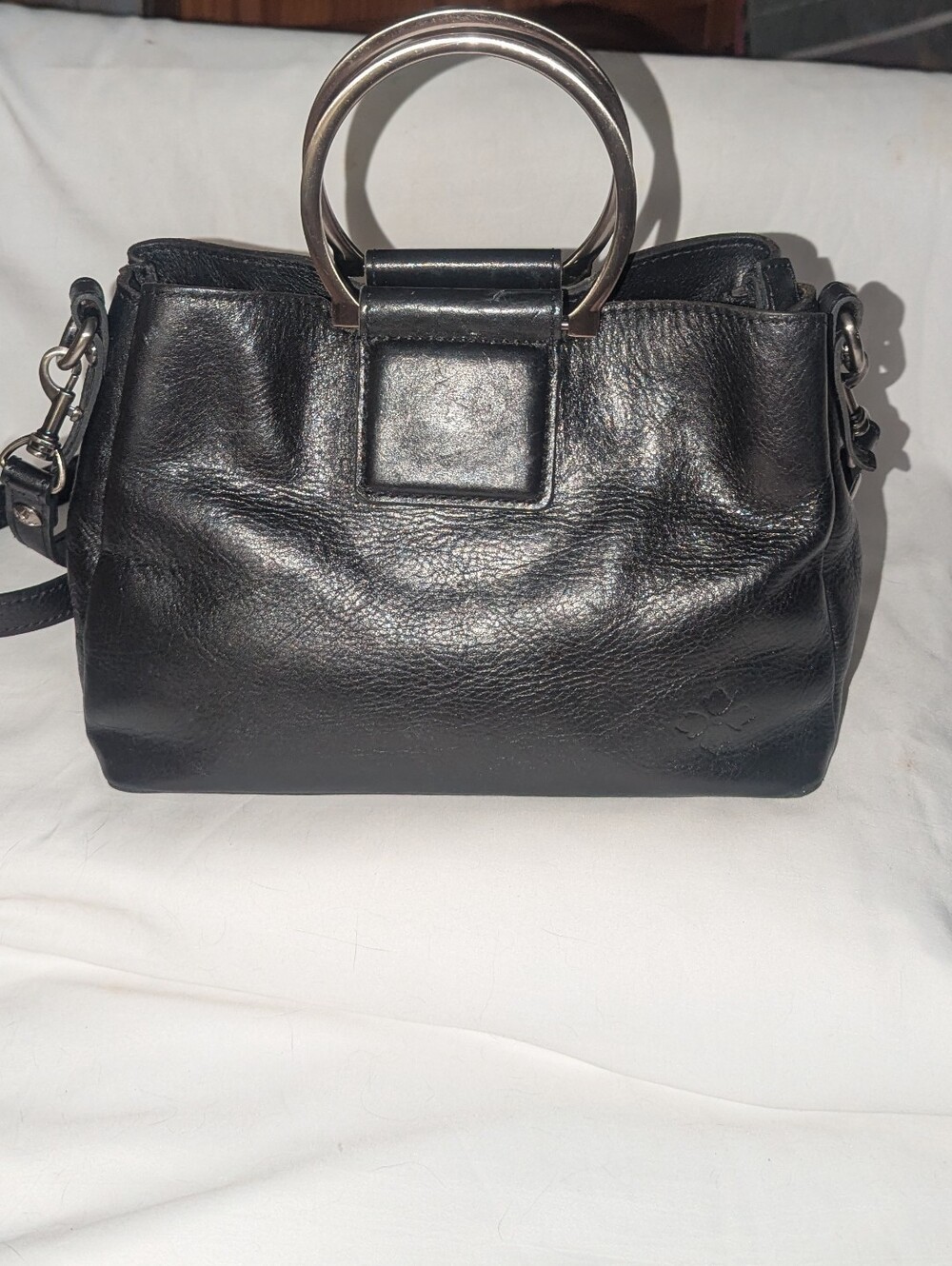 Patricia Nash Empoli Black Leather Crossbody with Silver Ring Handles